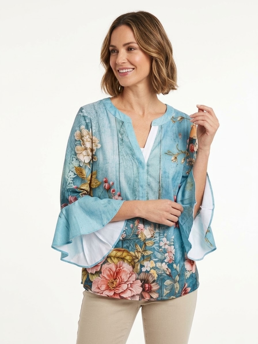 Amazon Floral Print Teal Bell-Sleeve Women's Top Size 2XL NWOT P2P 23.5in